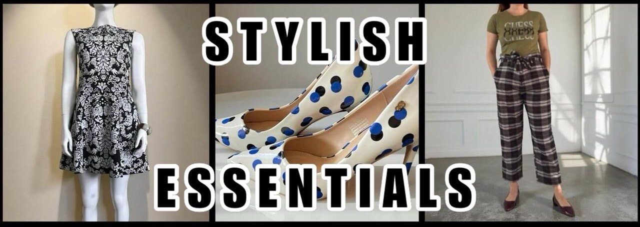 Lipsy London black mini dress with white embossed florals, white polka dot heels and woman in Guess olive green top with checkered paper bag trousers and burgundy flats collage with “STYLISH ESSENTIALS ” text.
