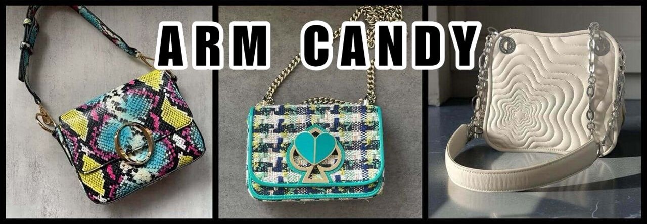 Aldo multicolor snake print handbag, Kate Spade heart twist lock tweed bag and Off-White Mont Blanc Starisma bag collage with “Arm Candy” text.
