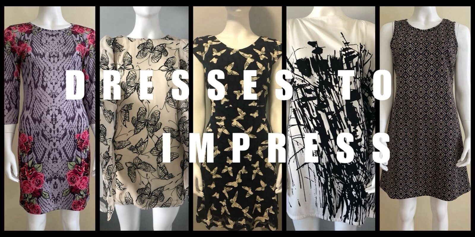 Goddess London purple floral bodycon mini dress, Rare yellow butterfly print mini dress, Stella Morgan navy butterfly print dress, white mini dress with black graffiti print and Oasis navy sleeveless geo print dress with gold glitter collage with “Dresses to Impress” text.