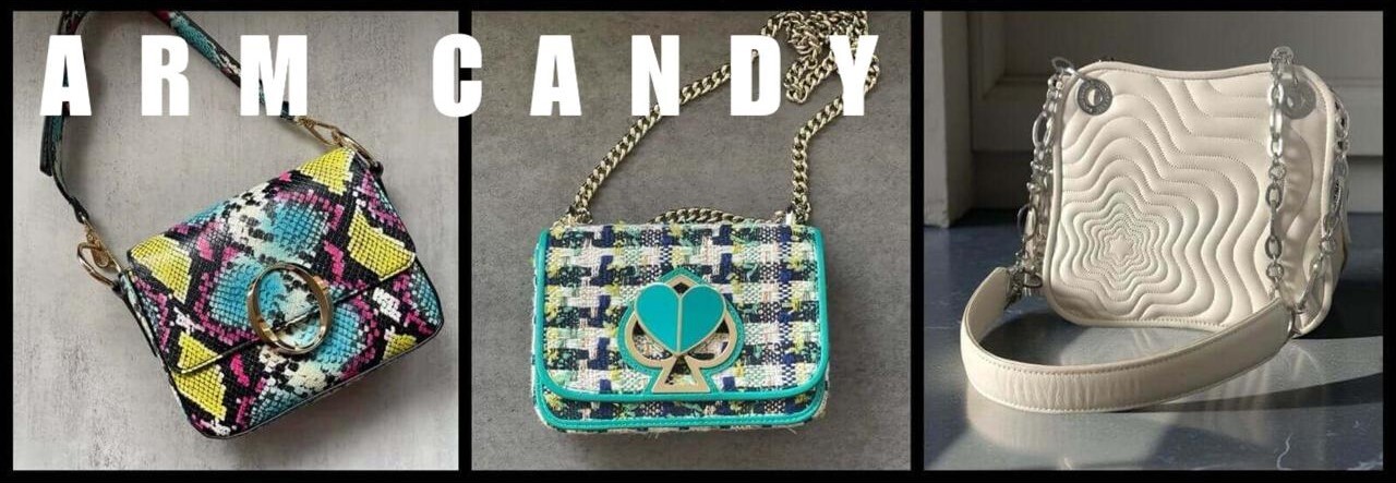 Aldo multicolor snake print handbag, Kate Spade heart twist lock tweed bag and Off-White Mont Blanc Starisma bag collage with “Arm Candy” text.