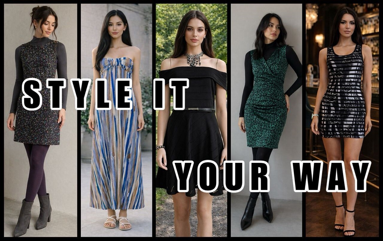 Diane Von Furstenburg Black multicolor confetti mini dress, Goddiva London Blue Strapless Maxi Dress, Forever New Black Bardot Fit & Flair Mini Dress, City Goddess London Green Leopard Print Mini Dress & Black & White Overlay Mini Dress collage with “STYLE IT YOUR WAY” text.