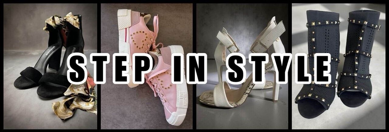 Jeffrey Campbell black suede ankle wrap sandals with Baroque detailing, Love Moschino pink sneakers, Luella white sandals and Luella peep toe sock heel boots collage with “Step in Style” text.