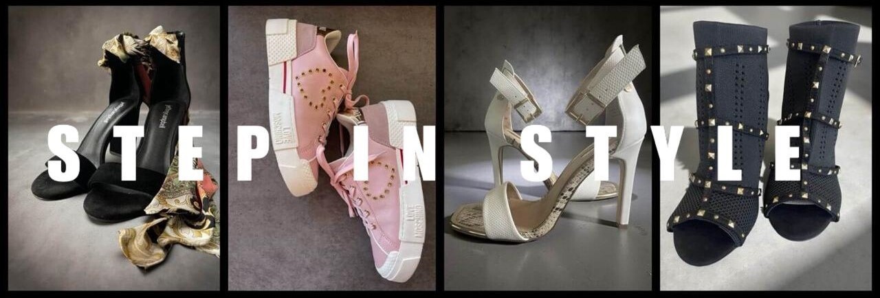 Jeffrey Campbell black suede ankle wrap sandals with Baroque detailing, Love Moschino pink sneakers, Luella white sandals and Luella peep toe sock heel boots collage with “Step in Style” text.