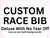 7.5" x  5.75" Custom deluxe no tear off race bib printing is available on the back, along with variable data and image printing and many other add-ons. Custom race bib. pre-built backgrounds available.