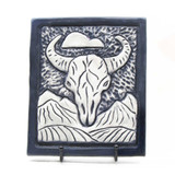 Buffalo Skull Hand Etched Ceramic Plaque - Charcoal-Blue Matte