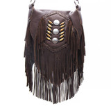 Brown Leather Crossbody Fringe Bag with 3 Indian Head Nickels & Bone Beads