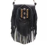 Black Leather Fringe Handbag with Star Conchos & Bone Beads