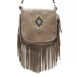 Beaded Taupe Leather Fringe Crossbody Bag with Clip Strap