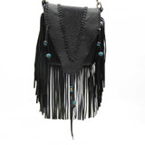 Black Leather with Beaded Leather Inlay Fringe Crossbody Bag with Clip Strap