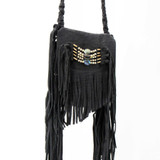 Buffalo Leather Fringe Handbag, Black, 5-Strand