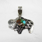 Sterling Silver Large Buffalo Pendant with Native Design & Turquoise Stone