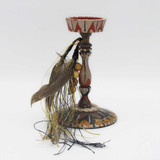 7" Votive Candle Holder Hand Painted Wood w/Wood Beads & Feathers