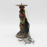 8" Candleholder w/Spike Hand Painted Wood w/Wood Beads & Feathers