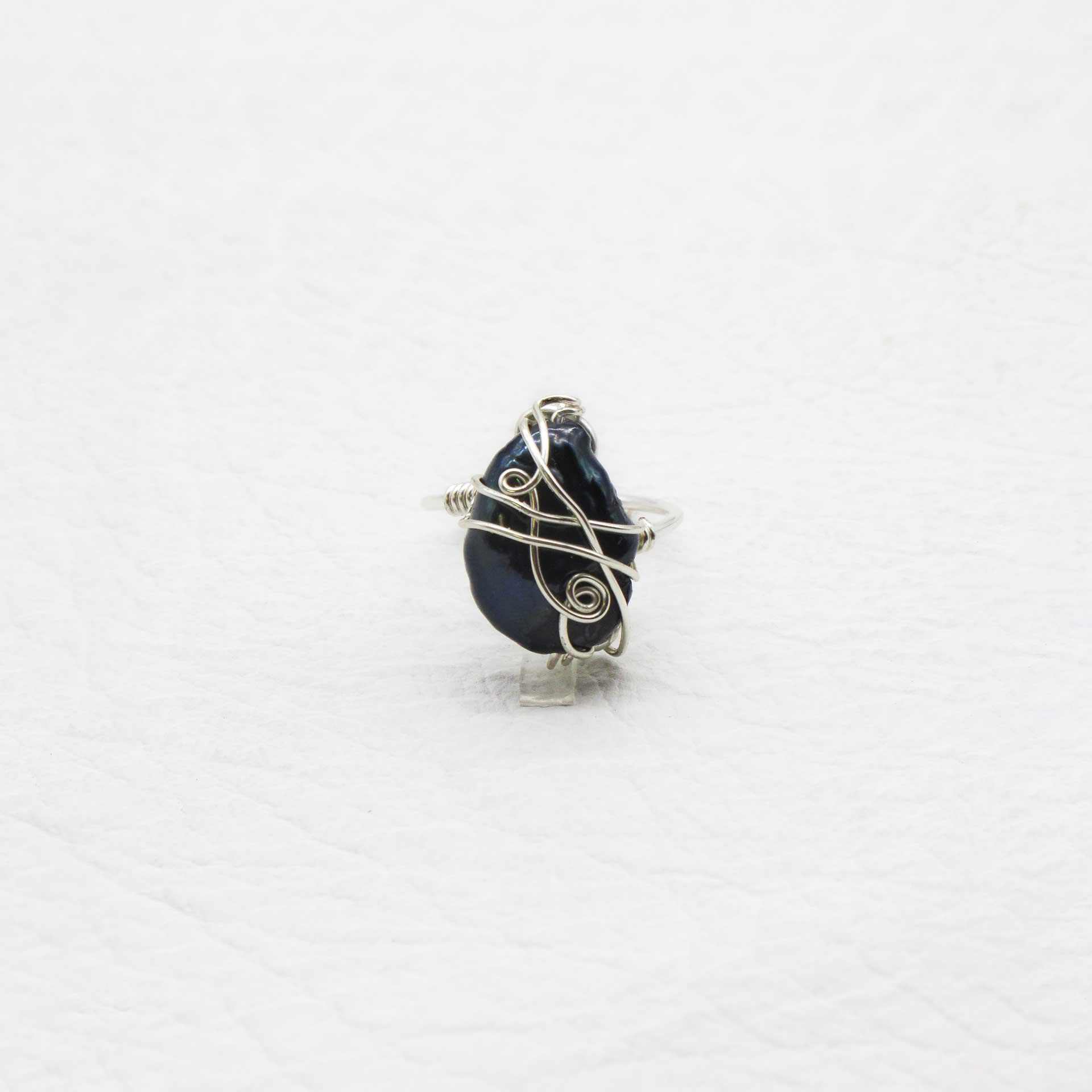 Hand Crafted Silver Wire Wrapped Ring w/Teardrop Shape Black Freshwater Pearl