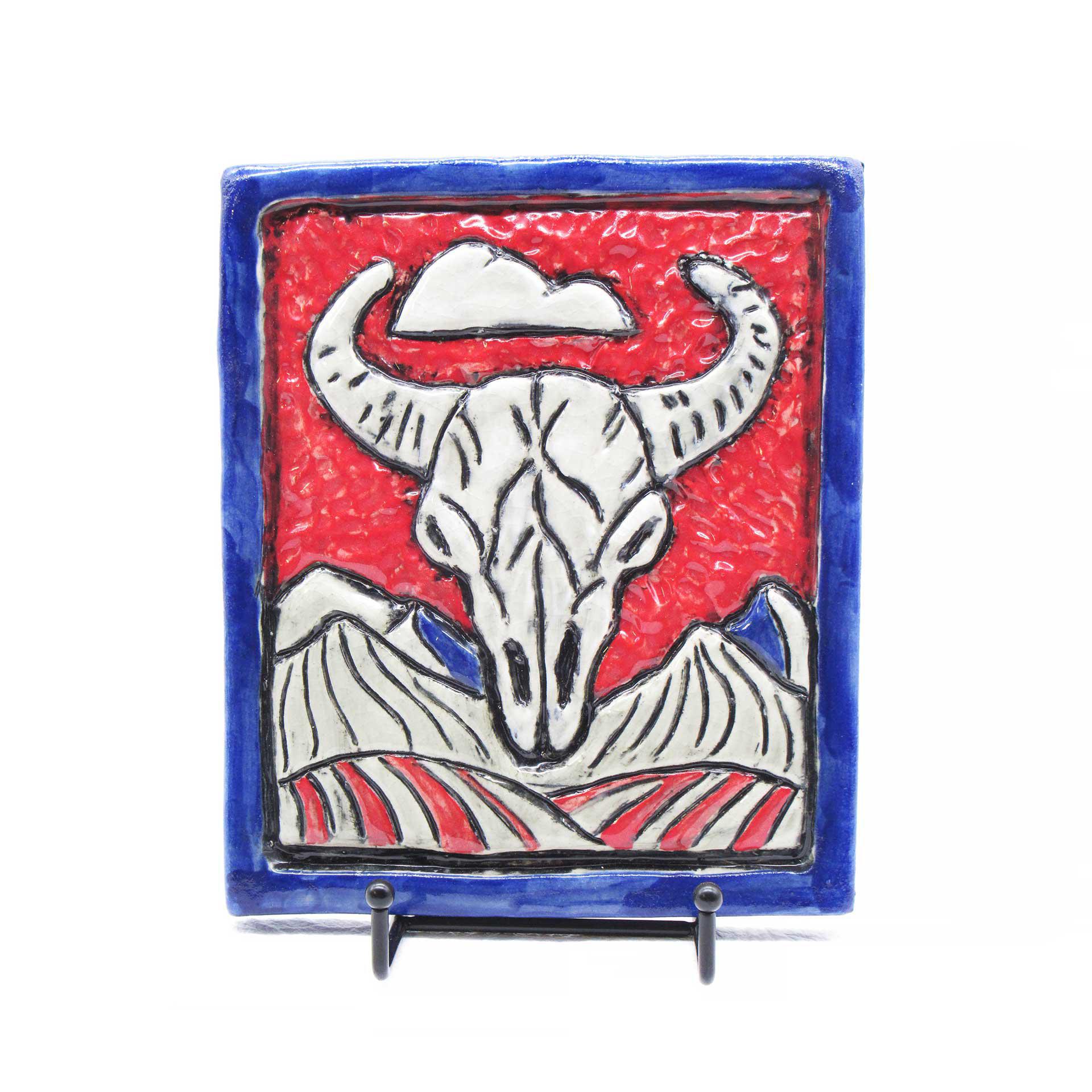 Buffalo Skull Hand Etched Ceramic Plaque - Red, White & Blue Glaze