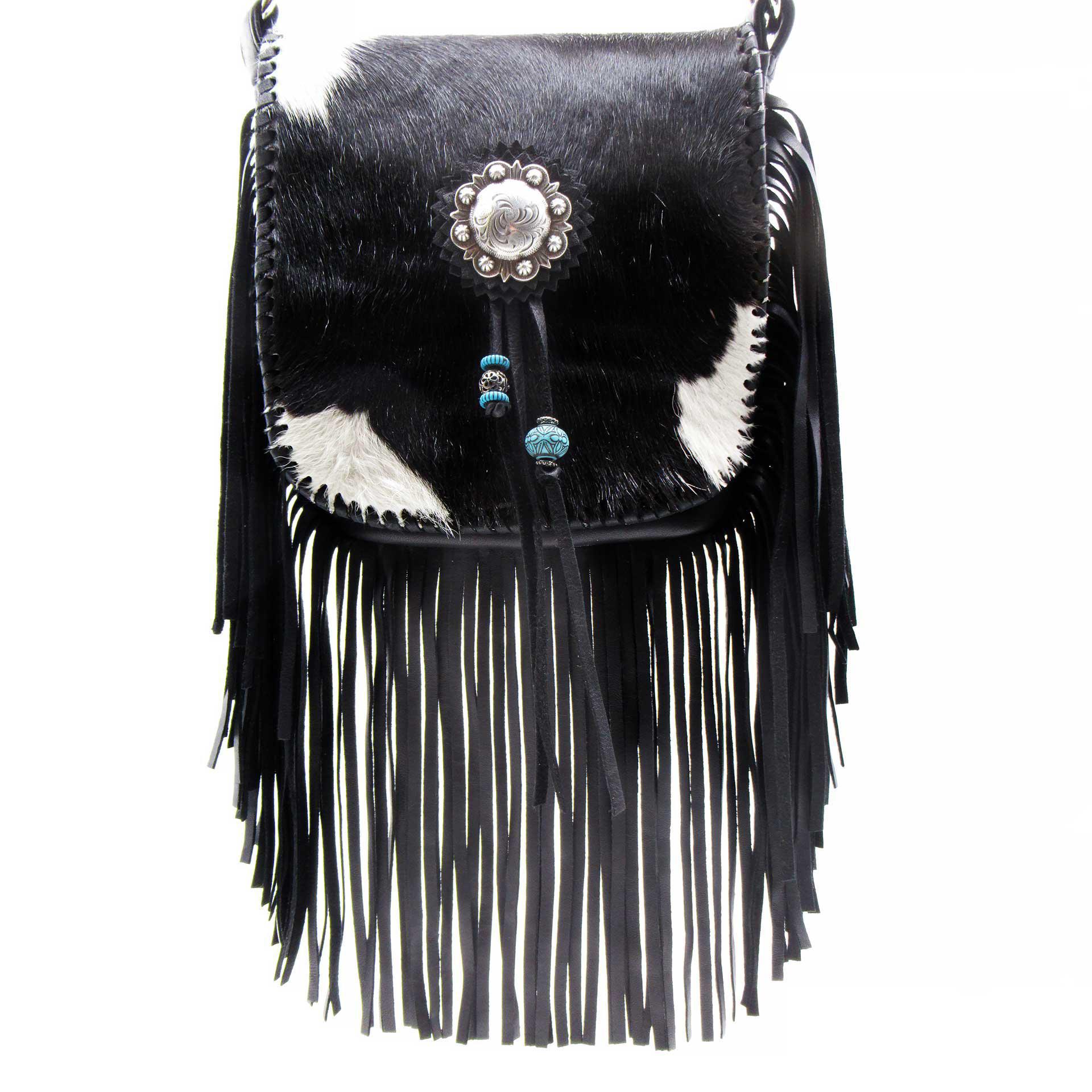 Black Leather and Black & White Cowhide Rounded Crossbody Fringe Bag