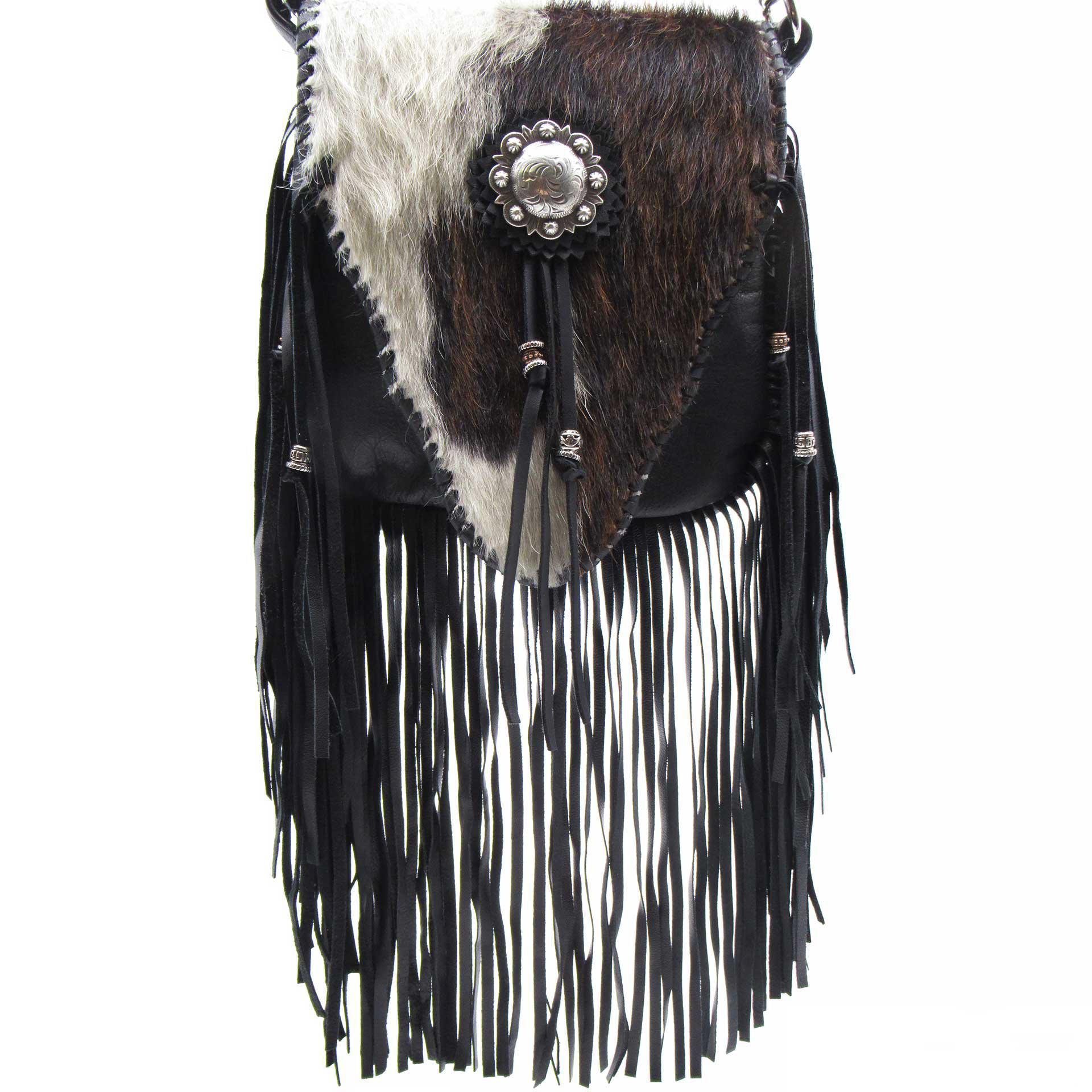 Black Leather and Brown Brindle & White Cowhide Crossbody Fringe Bag with Concho