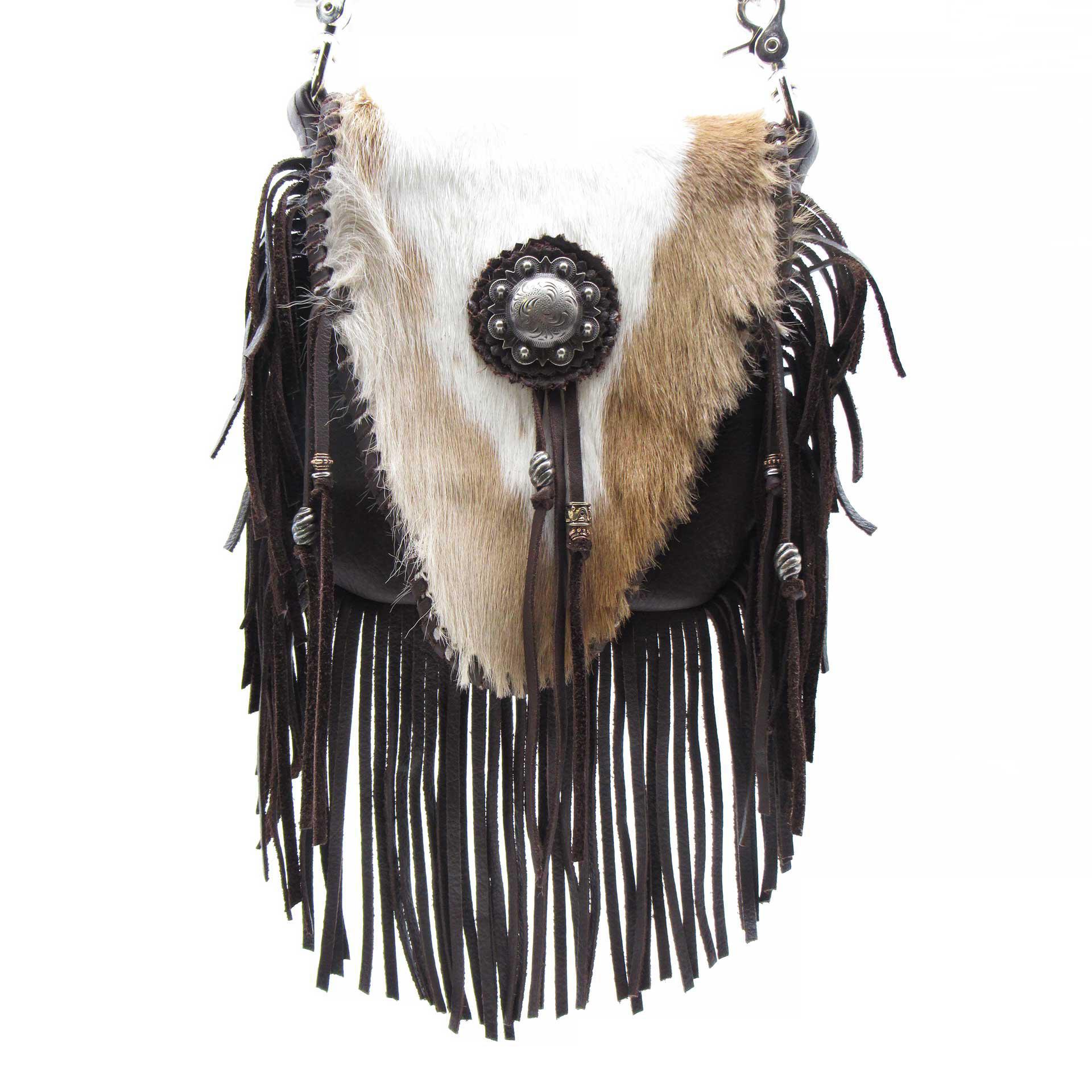Brown Leather and Champagne & White Cowhide Crossbody Fringe Bag with Concho
