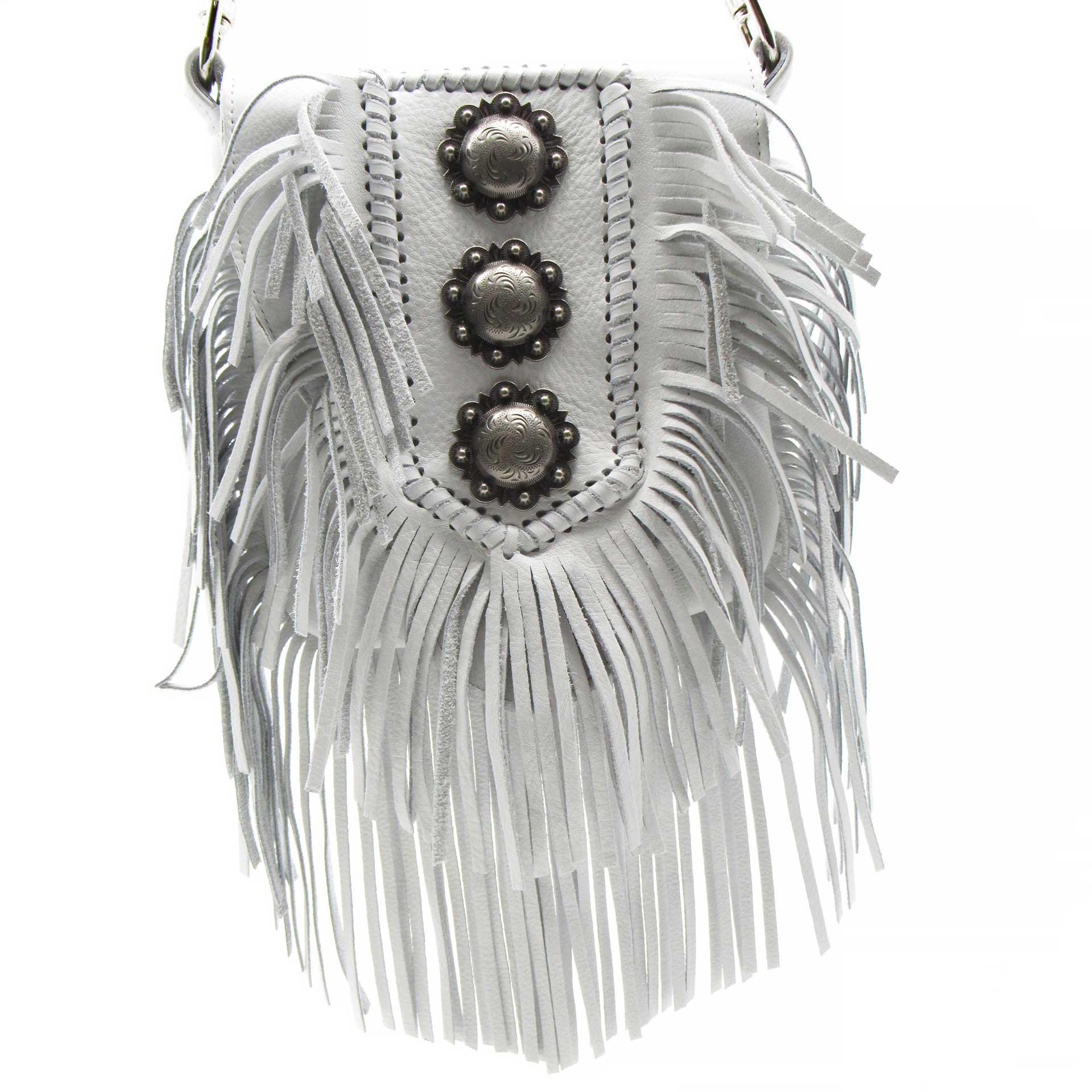 White Leather Crossbody Fringe Bag with 3 Conchos