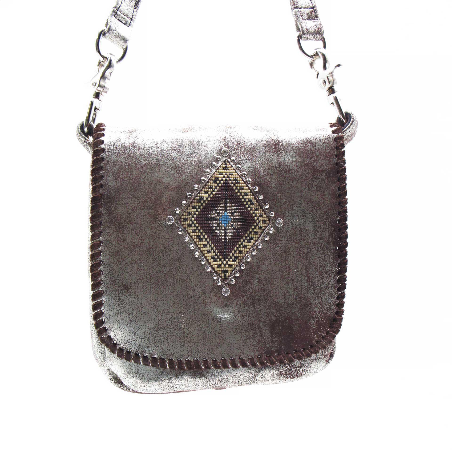 Metallic Leather Crossbody Bag with Beaded Diamond Shape Accent