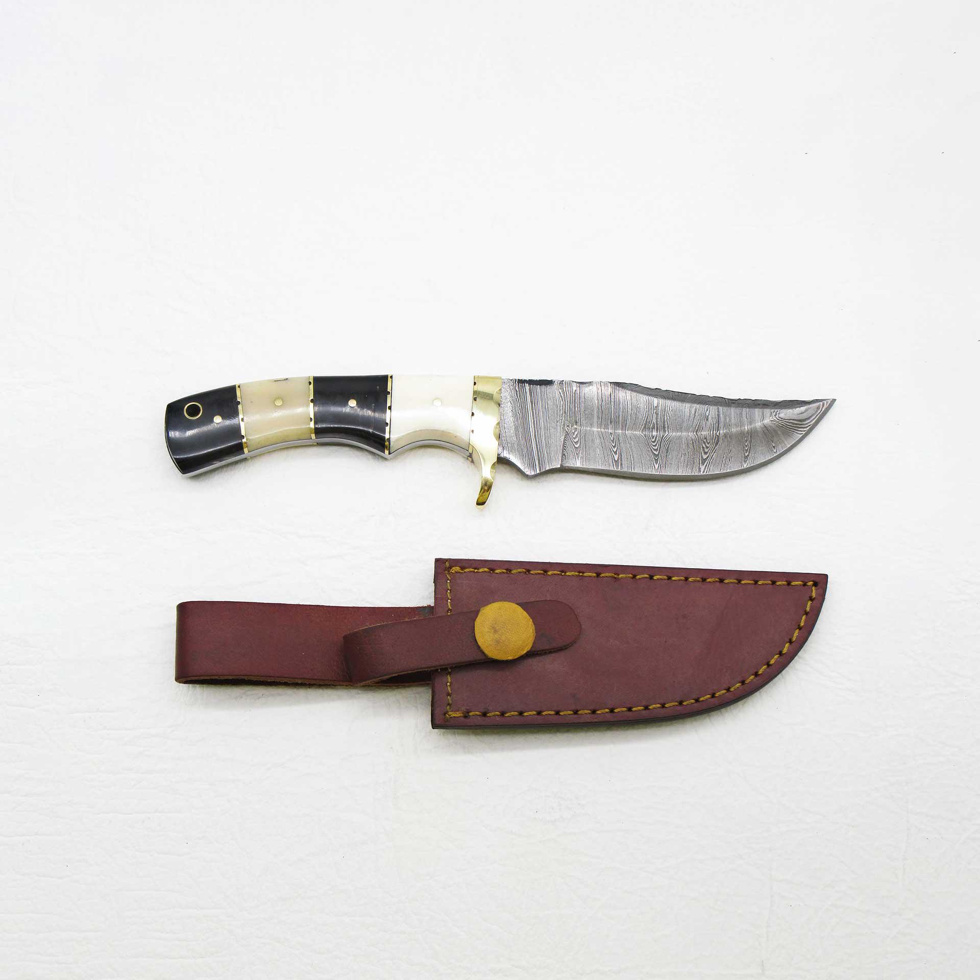 5" Damascus Steel Clip Point Blade Knife with Bison Horn & Bone Handle