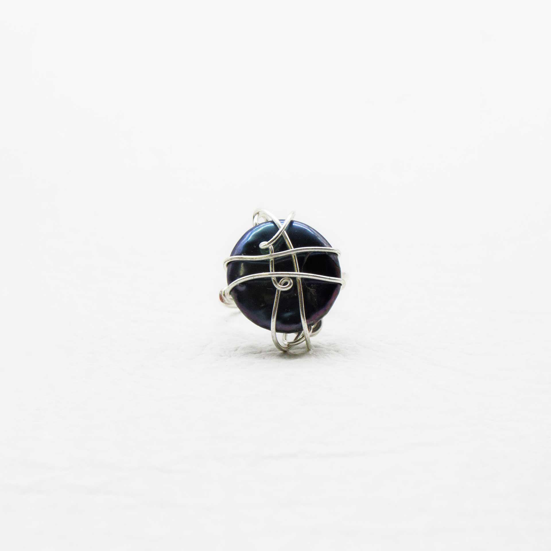 Hand Crafted Silver Wire Wrapped Ring Over Round Black Fresh Water Pearl