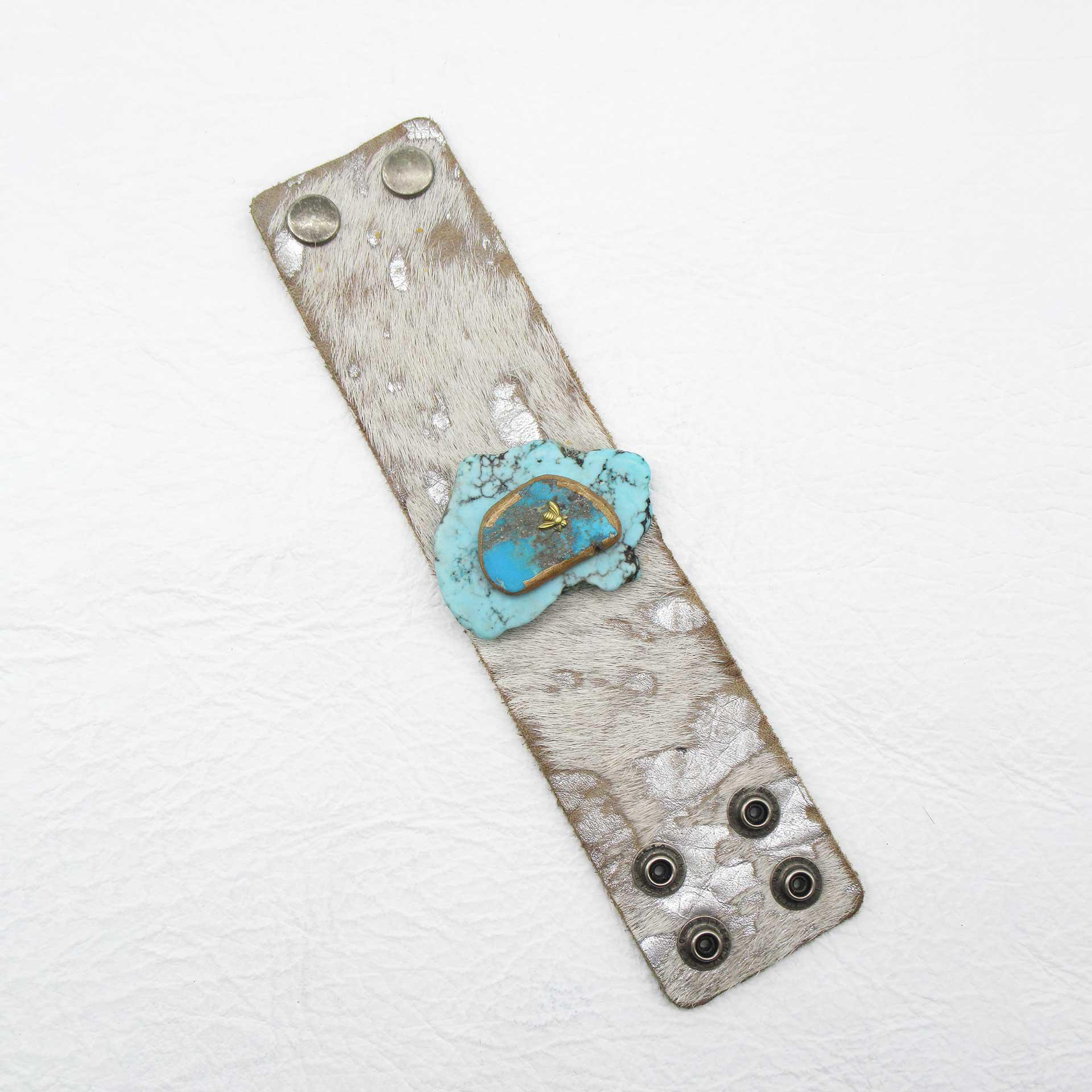 Metallic & Hair on Hide Leather Band Cuff with Blue Howlite Stones & Brass Bee