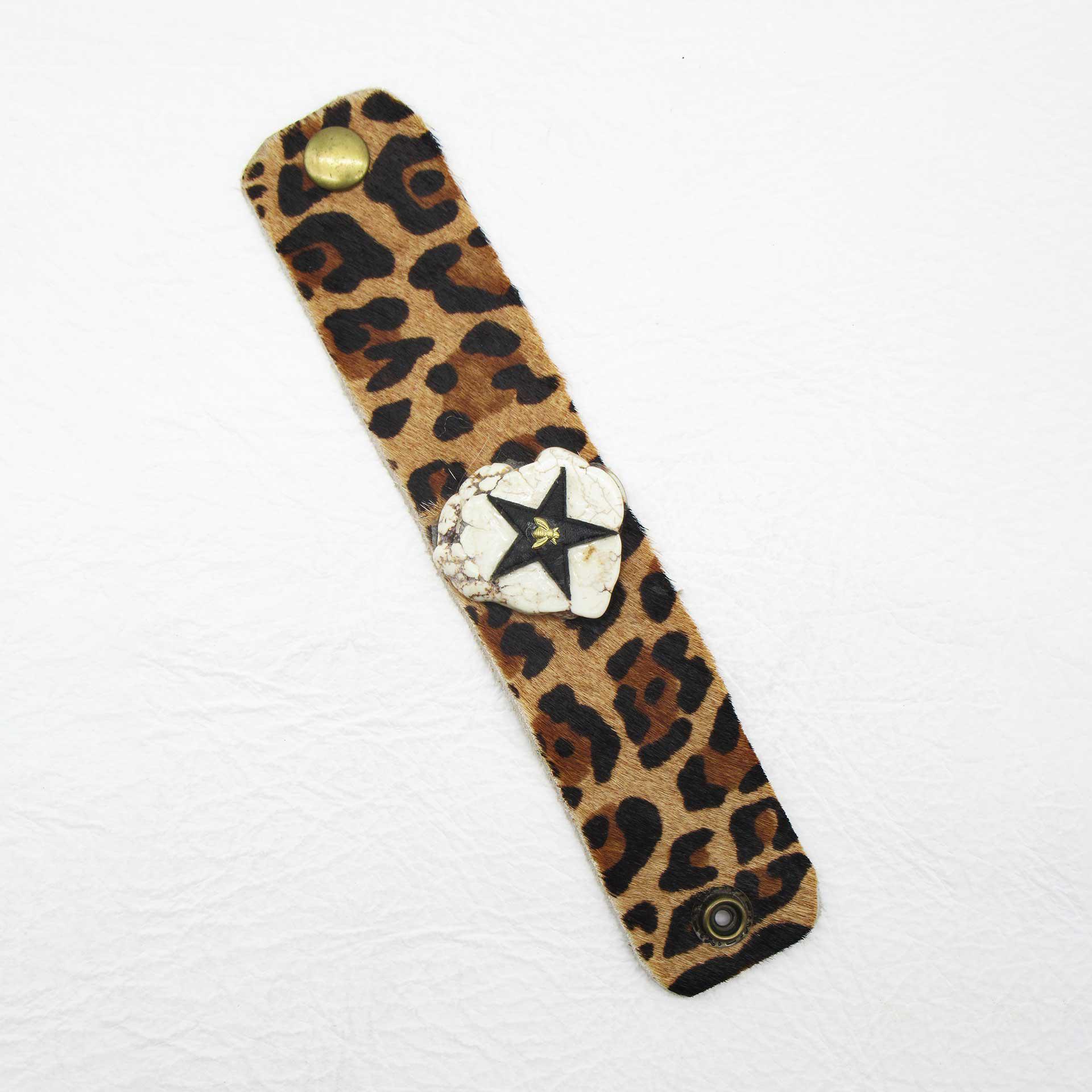 Leopard Print Hair on Hide Leather Band with Black Star & Brass Bee on White Howlite Stone