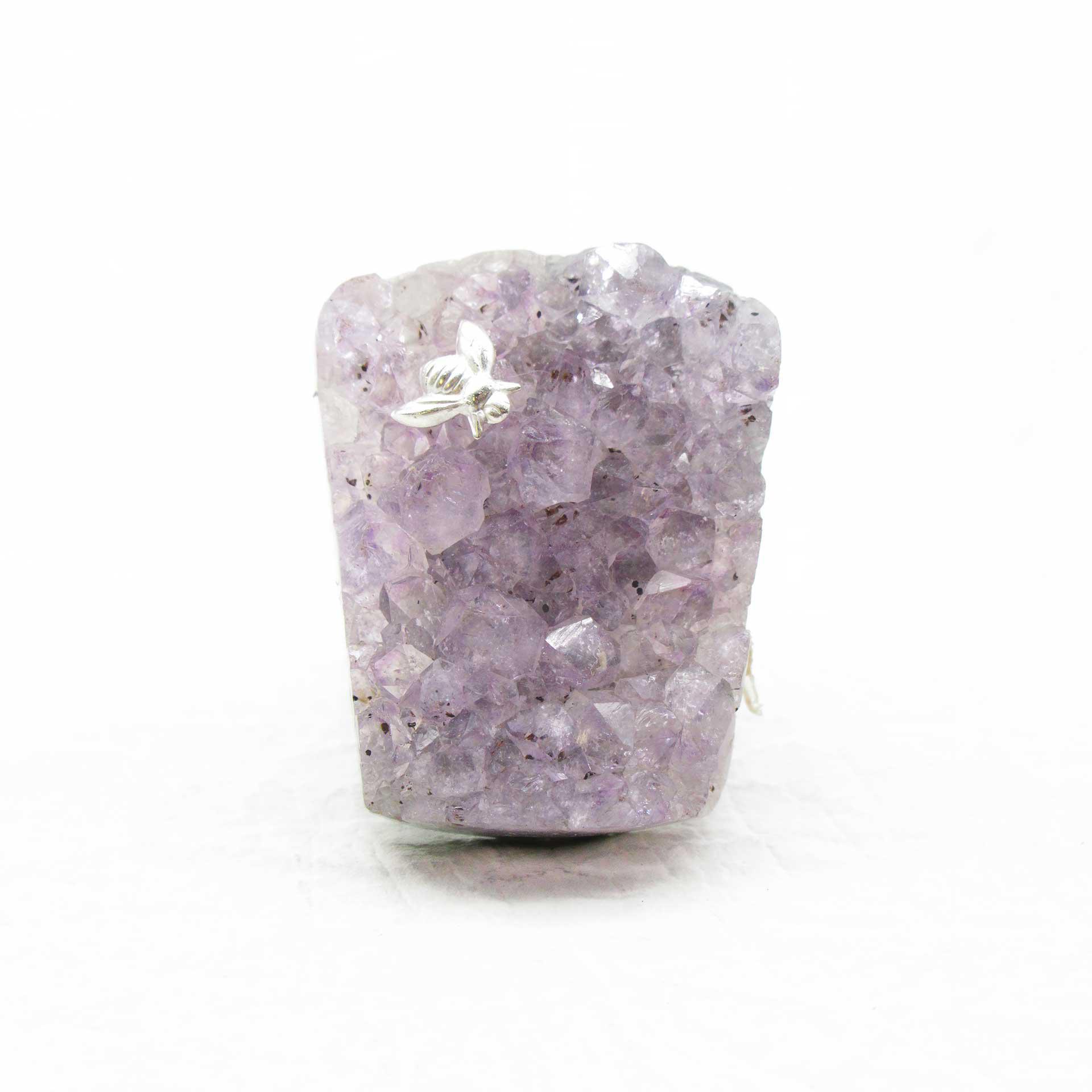 Large Amethyst Stone on Adjustable Sterling Silver Floating Energy Ring with Silver Bee