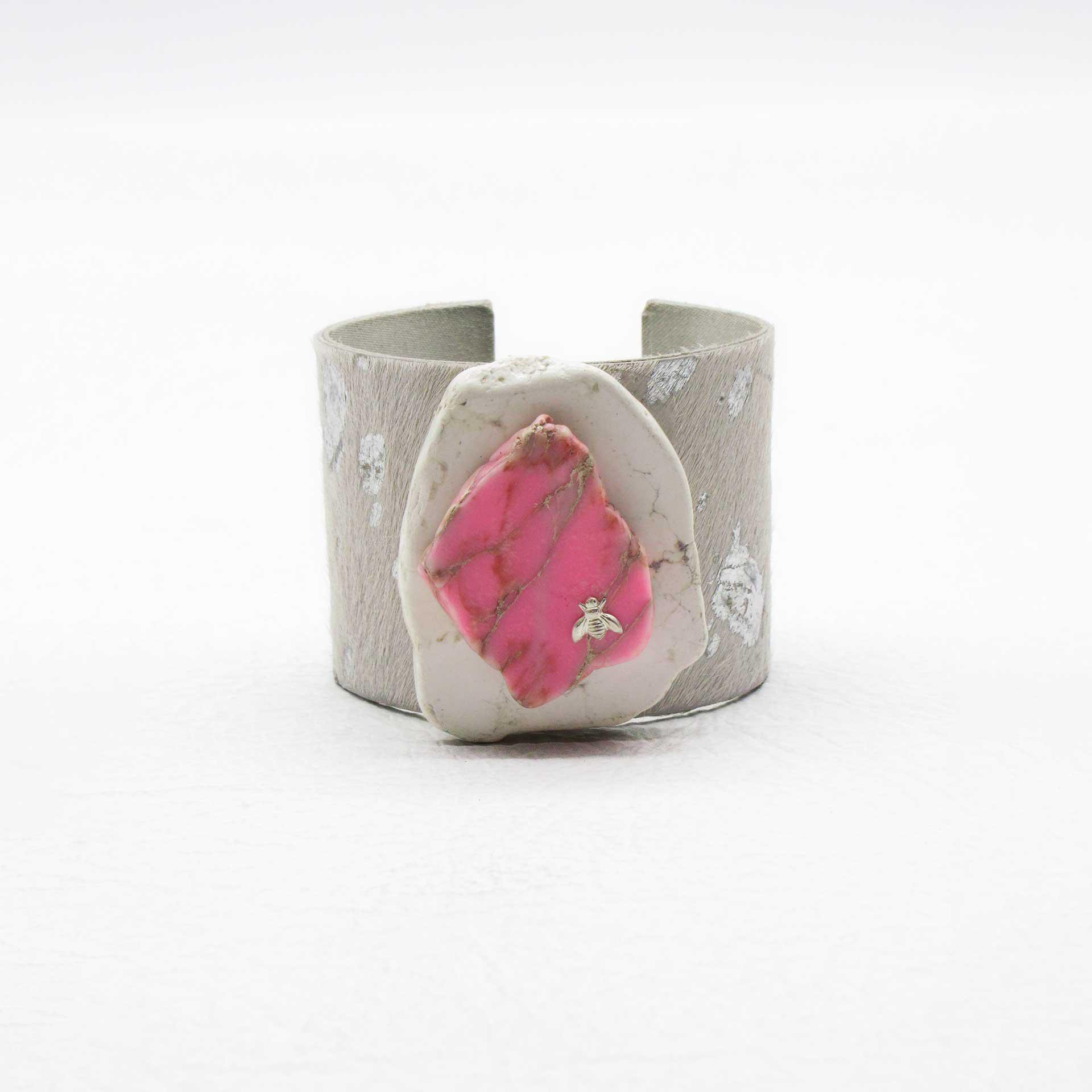 White Howlite & Pink Jasper Stones on Metallic & Cowhide Adjustable Cuff with Silver Bee
