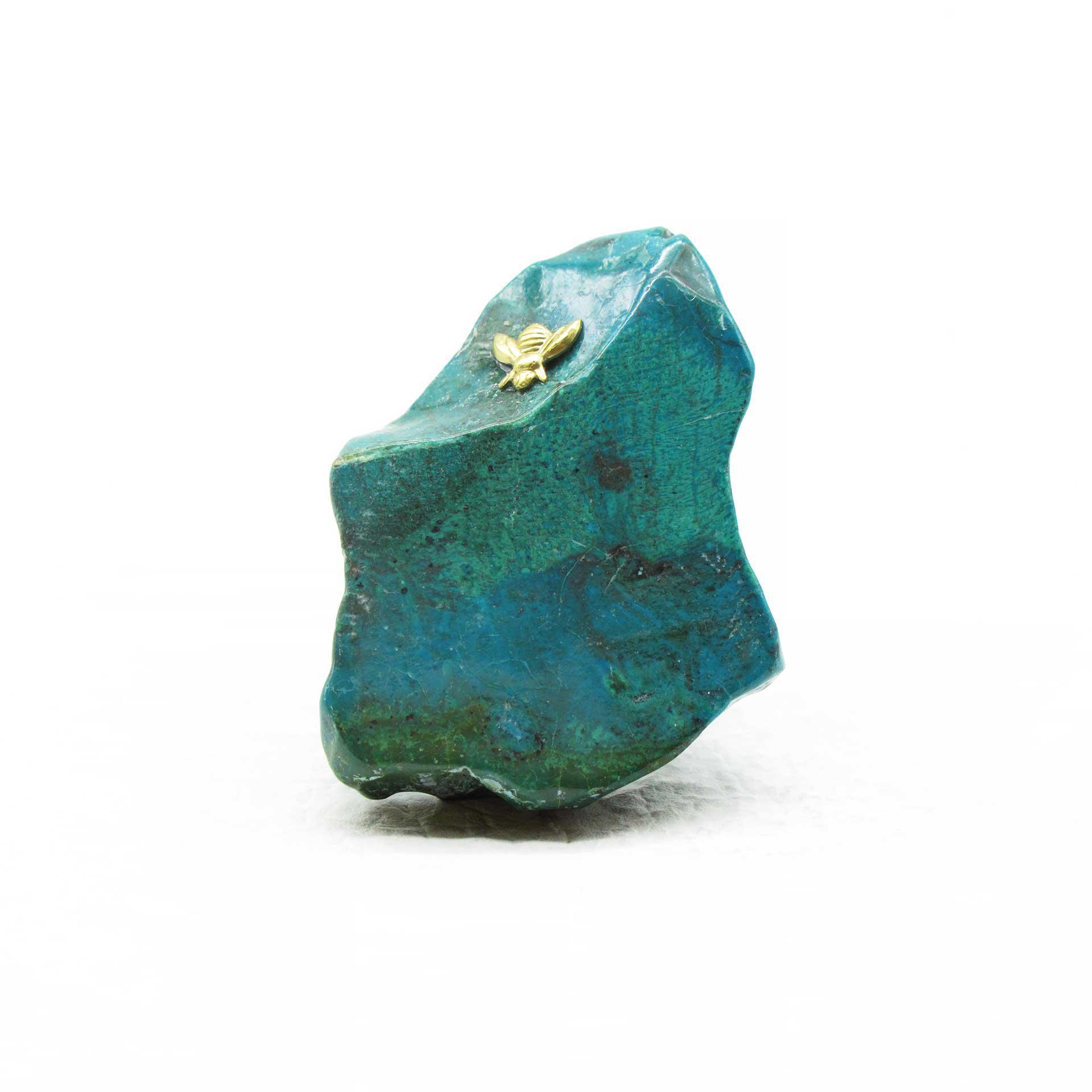 Green Turquoise Chrysocolla Stone on Adjustable Sterling Silver Floating Energy Ring w/Brass Bee