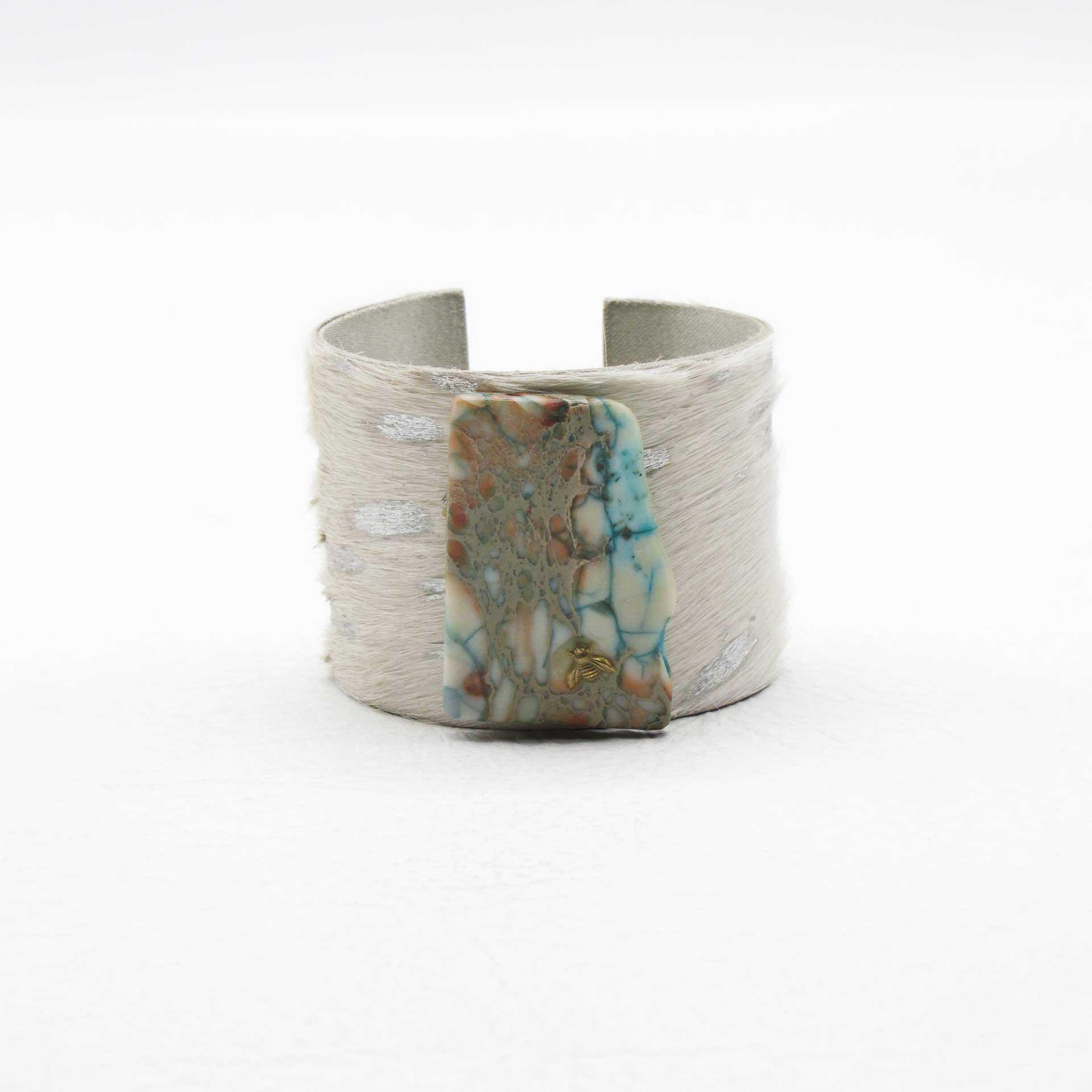 Turquoise Jasper Stone on Metallic Cowhide Adjustable Cuff with Brass Bee