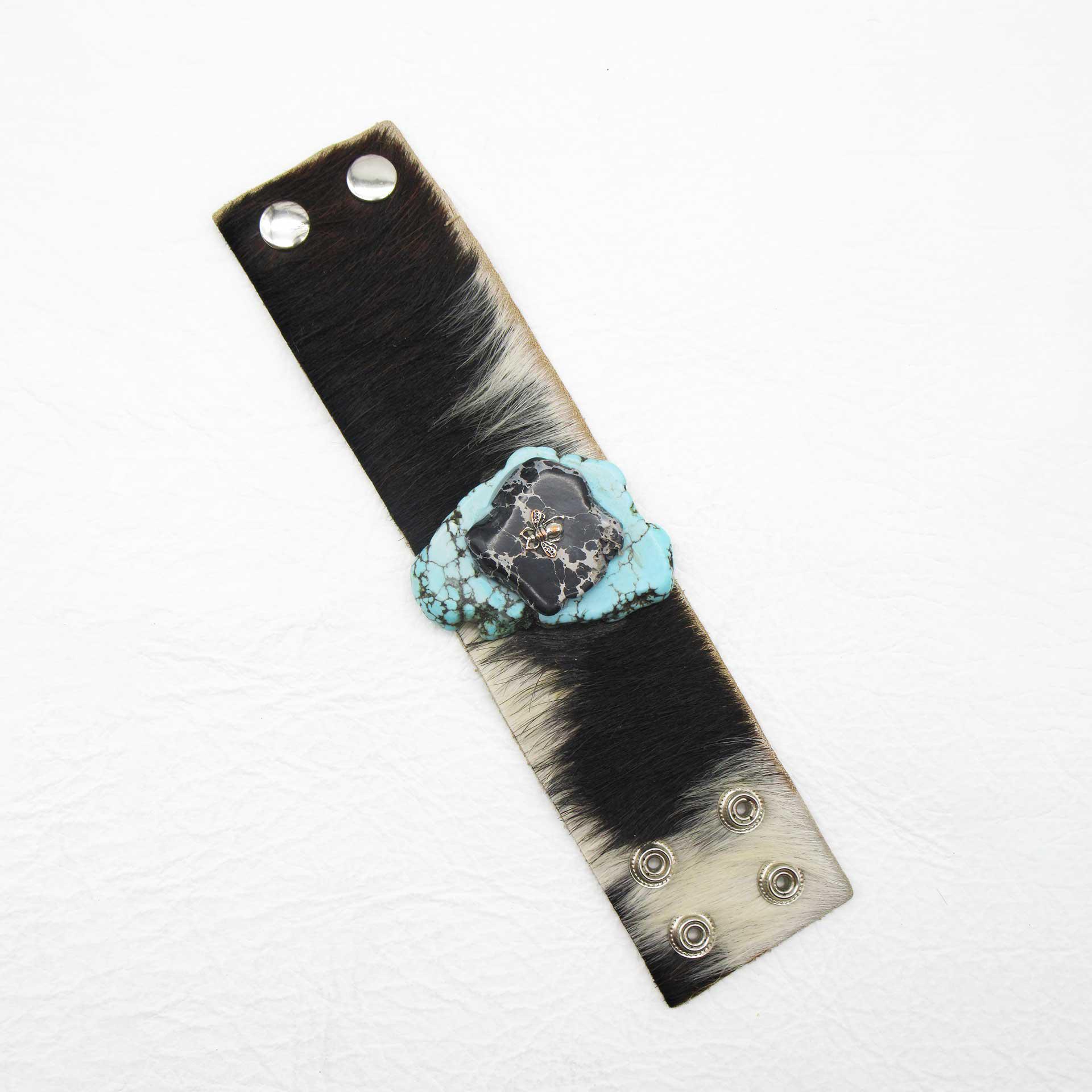 Turquoise & Black Jasper Stones on Adjustable Hair on Cowhide Leather Band with Silver Bee