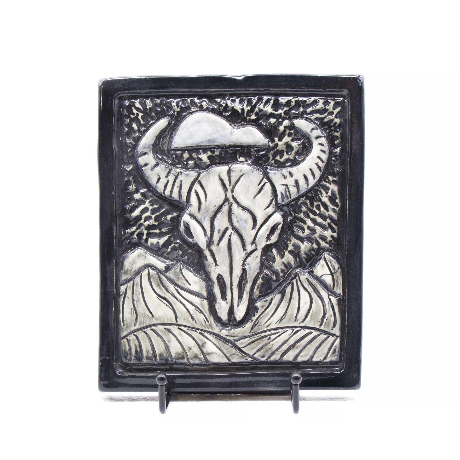 Buffalo Skull Hand Etched Ceramic Plaque - Charcoal-Blue Glaze