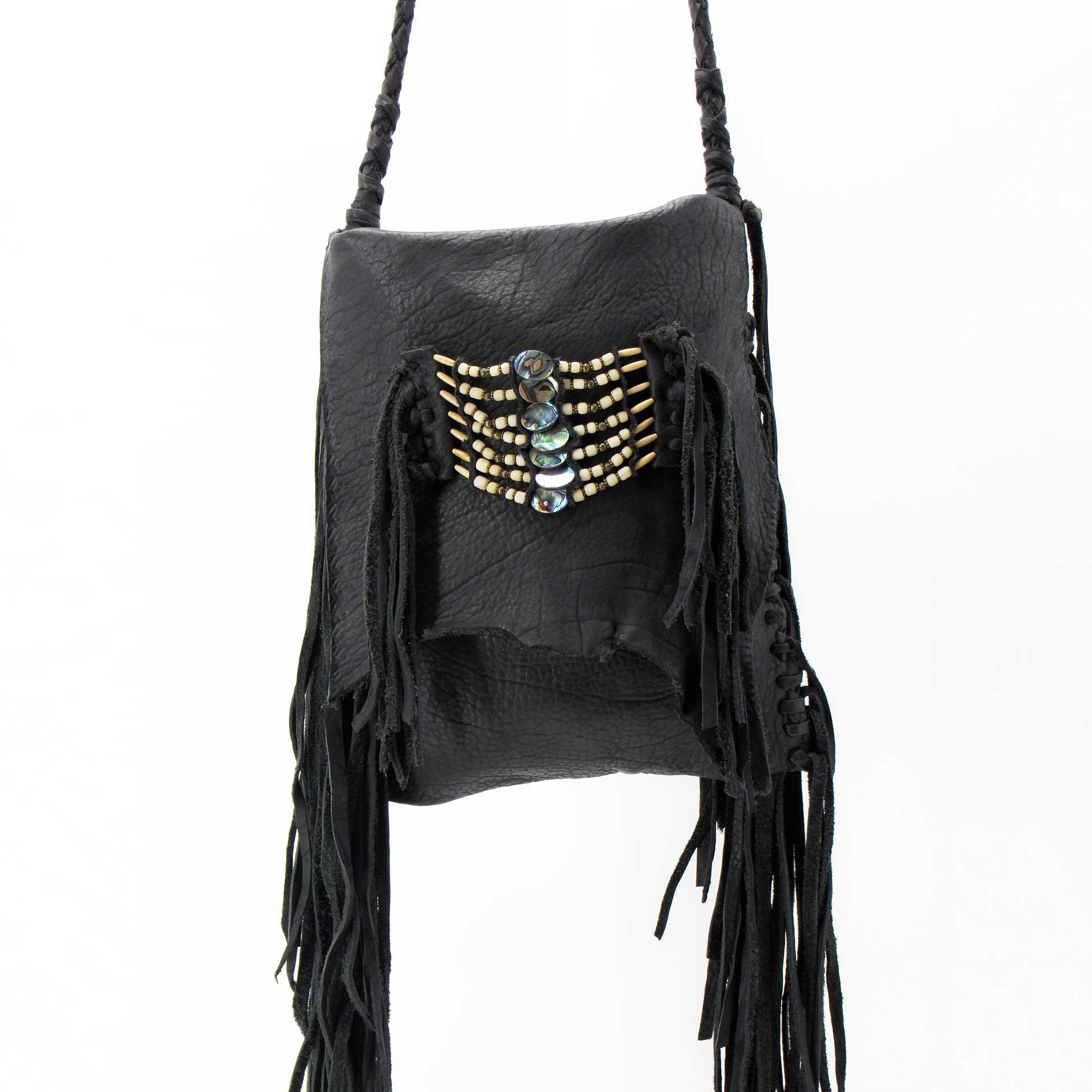 Buffalo Leather Fringe Handbag, Black, 8-Strand