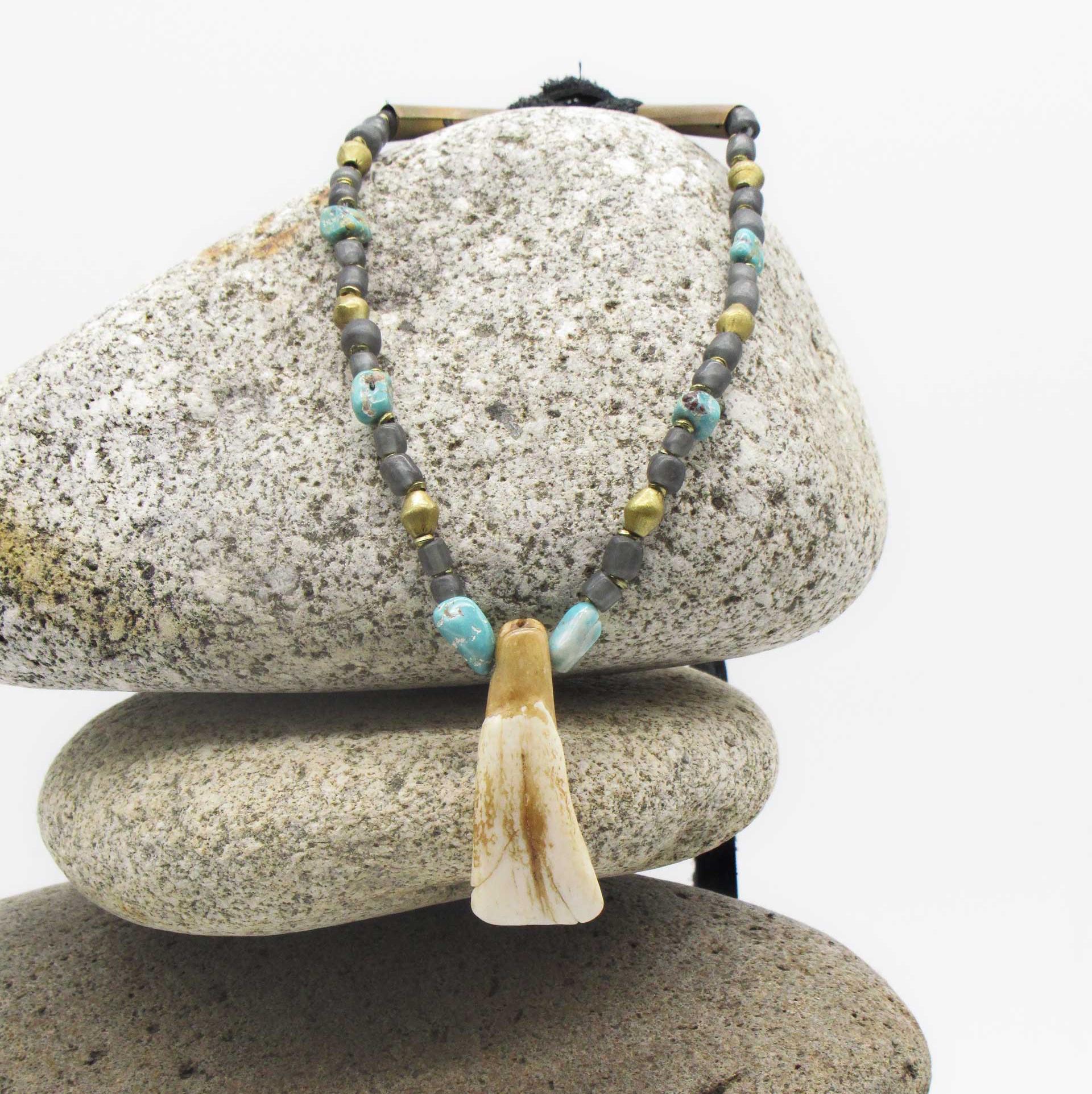 Horse Tooth Buffalo Leather Layer Necklace with Turquoise & Beads