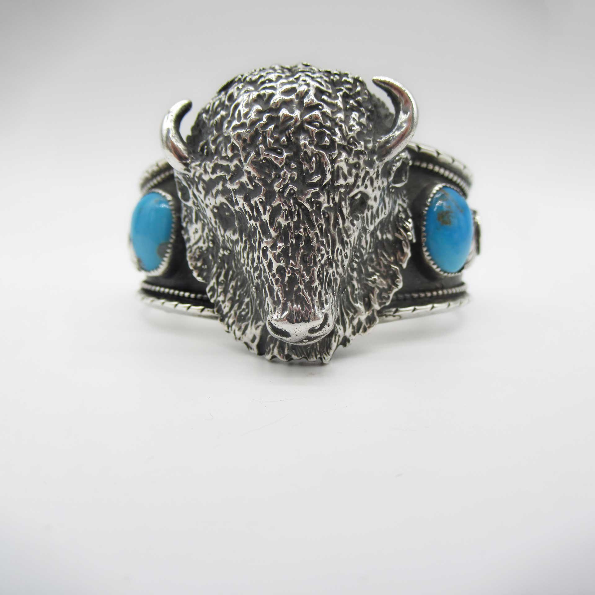 Sterling Silver Vintage Men's Cuff with Buffalo Head and Turquoise Stones