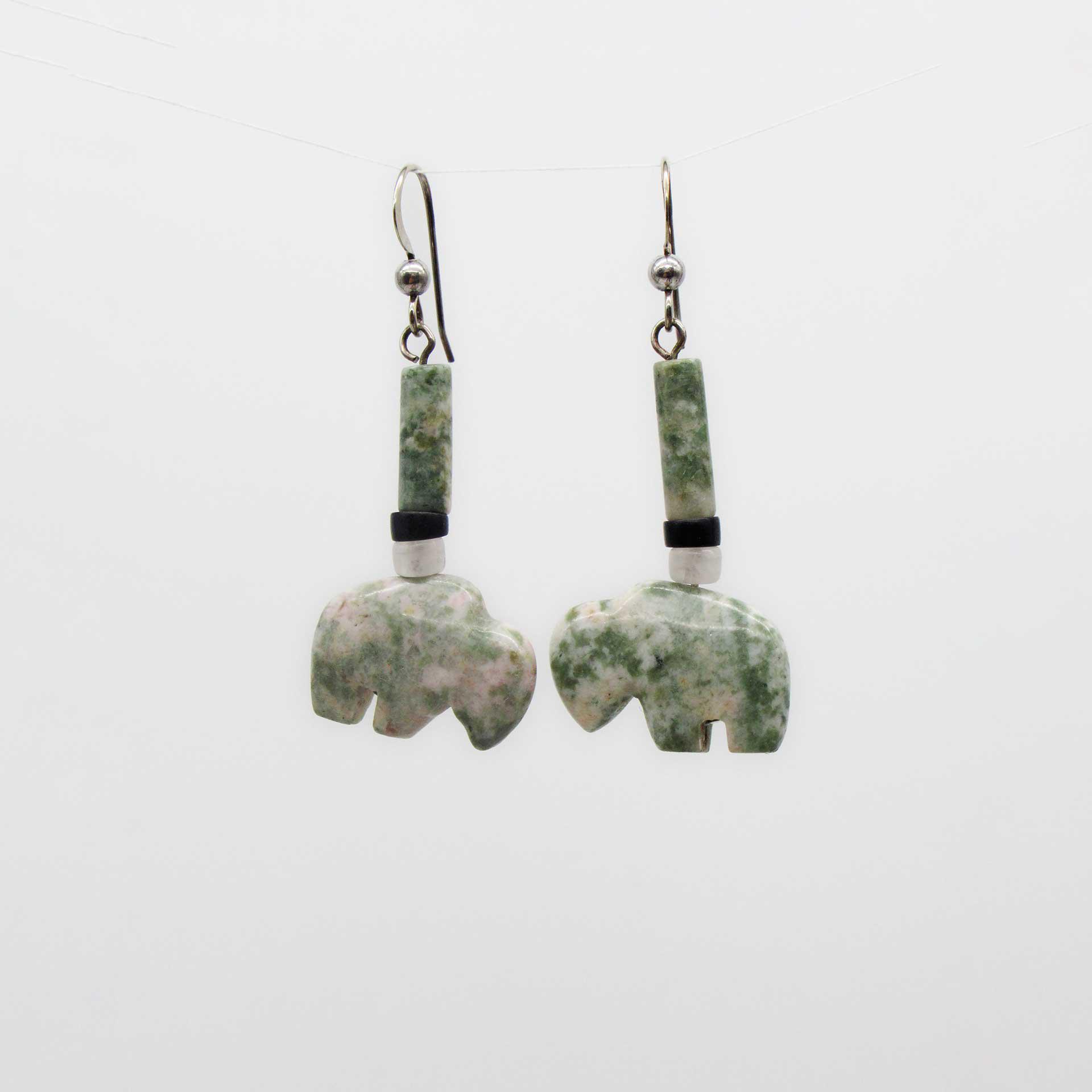 Sterling Silver Carved Buffalo Green Stone Earrings