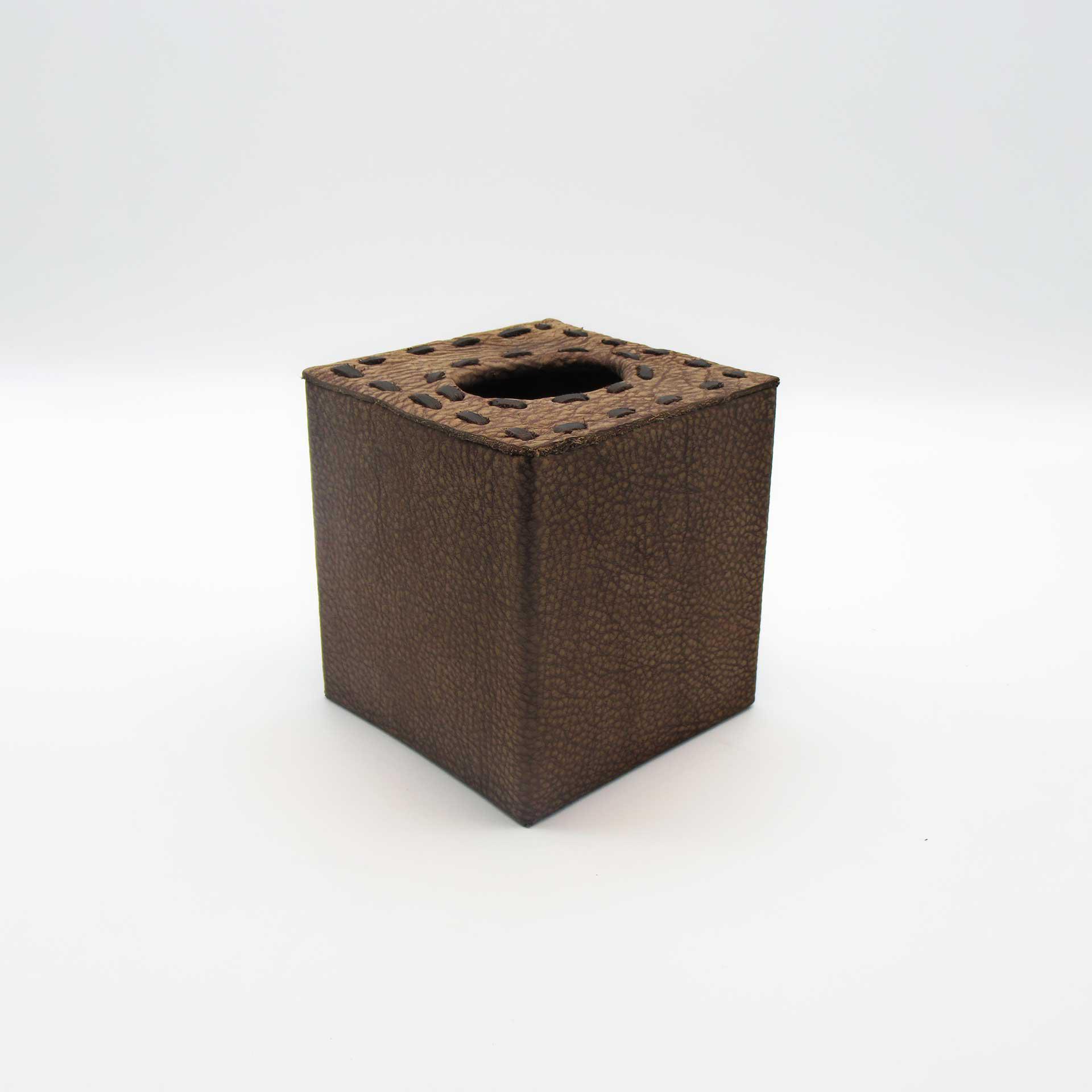 Square Hard Tissue Box Cover Buffalo Leather w/Stitch Accent