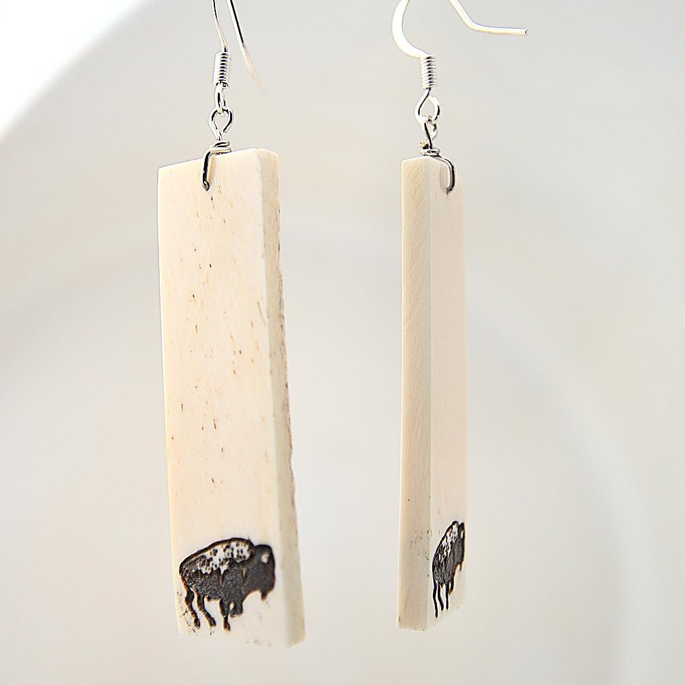 Rectangle Bison Bone Earrings with Engraved Buffalo