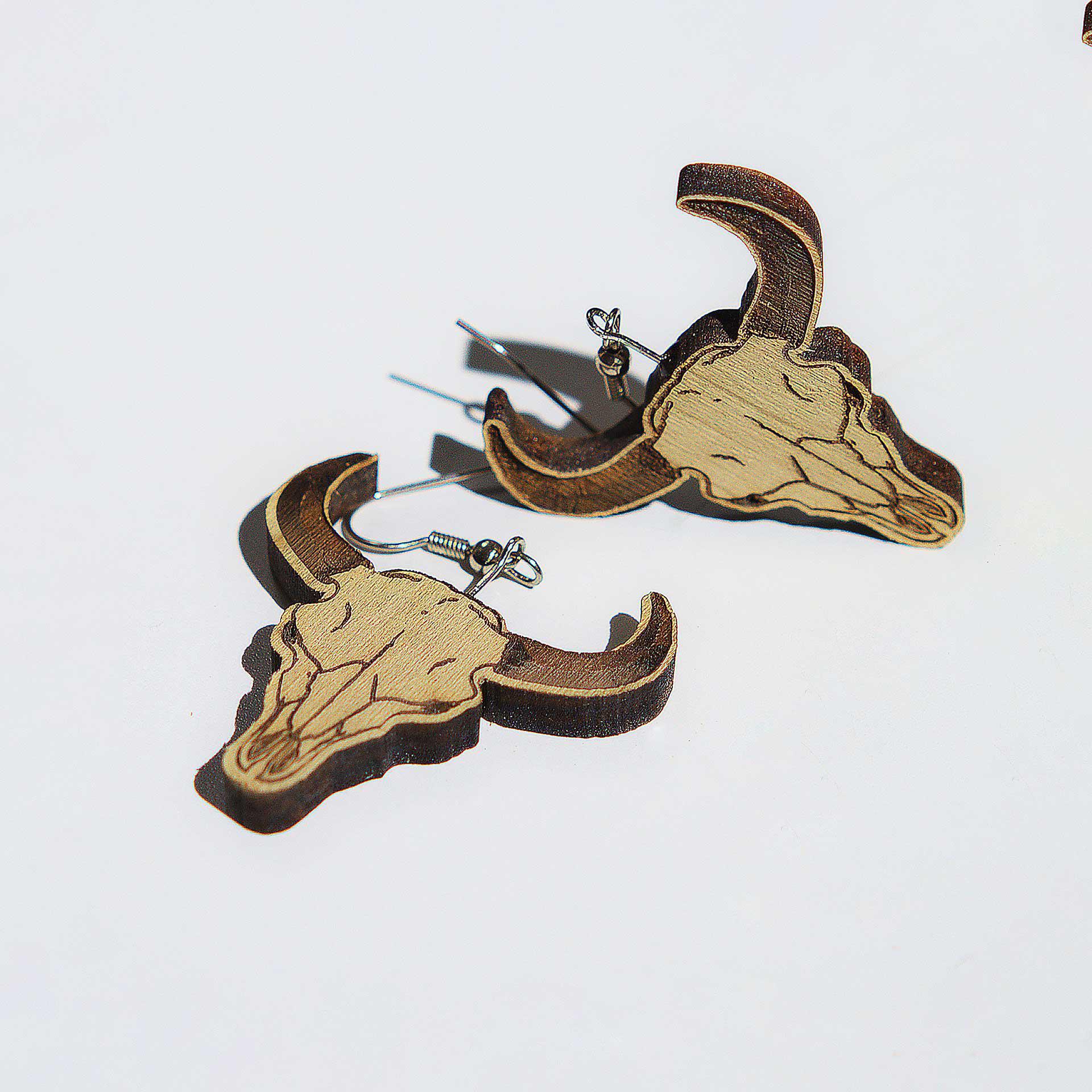 Artist Dual Side Engraved Wood Earrings - Buffalo Skull