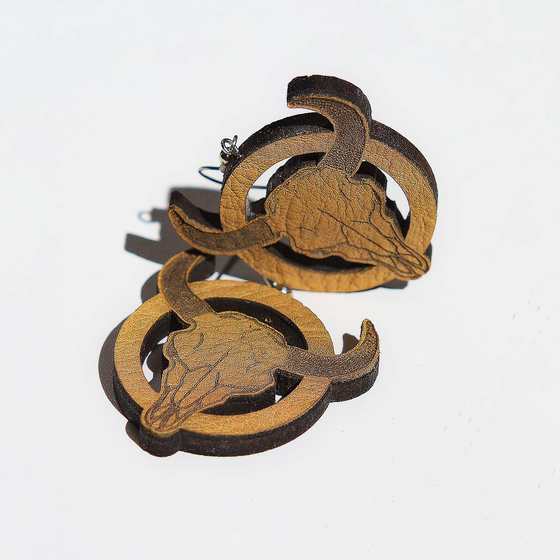 Artist Leather Pressed Wood Earrings - Buffalo Skull w/Circle
