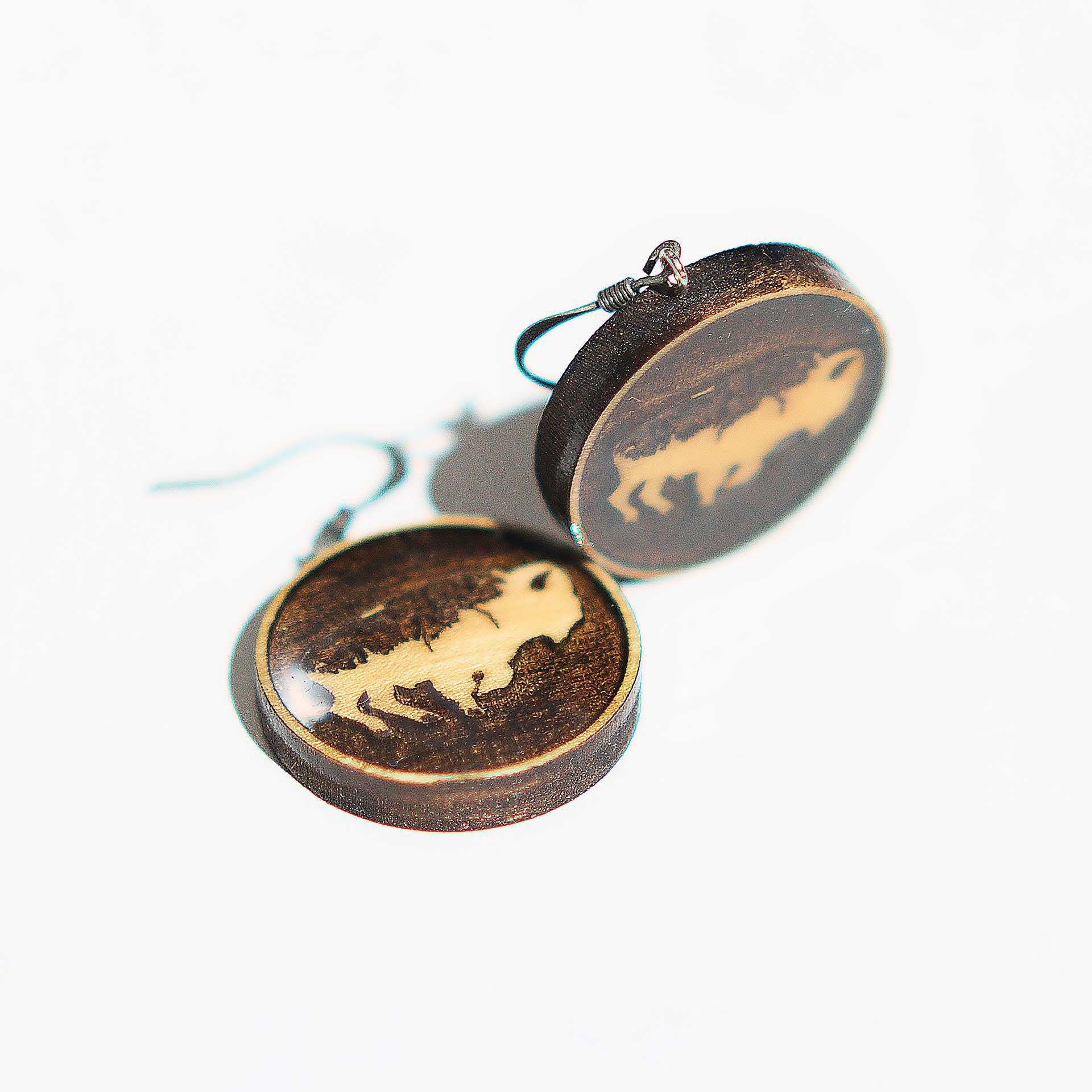 Artist Small Circular Engraved Wood & Resin Earrings