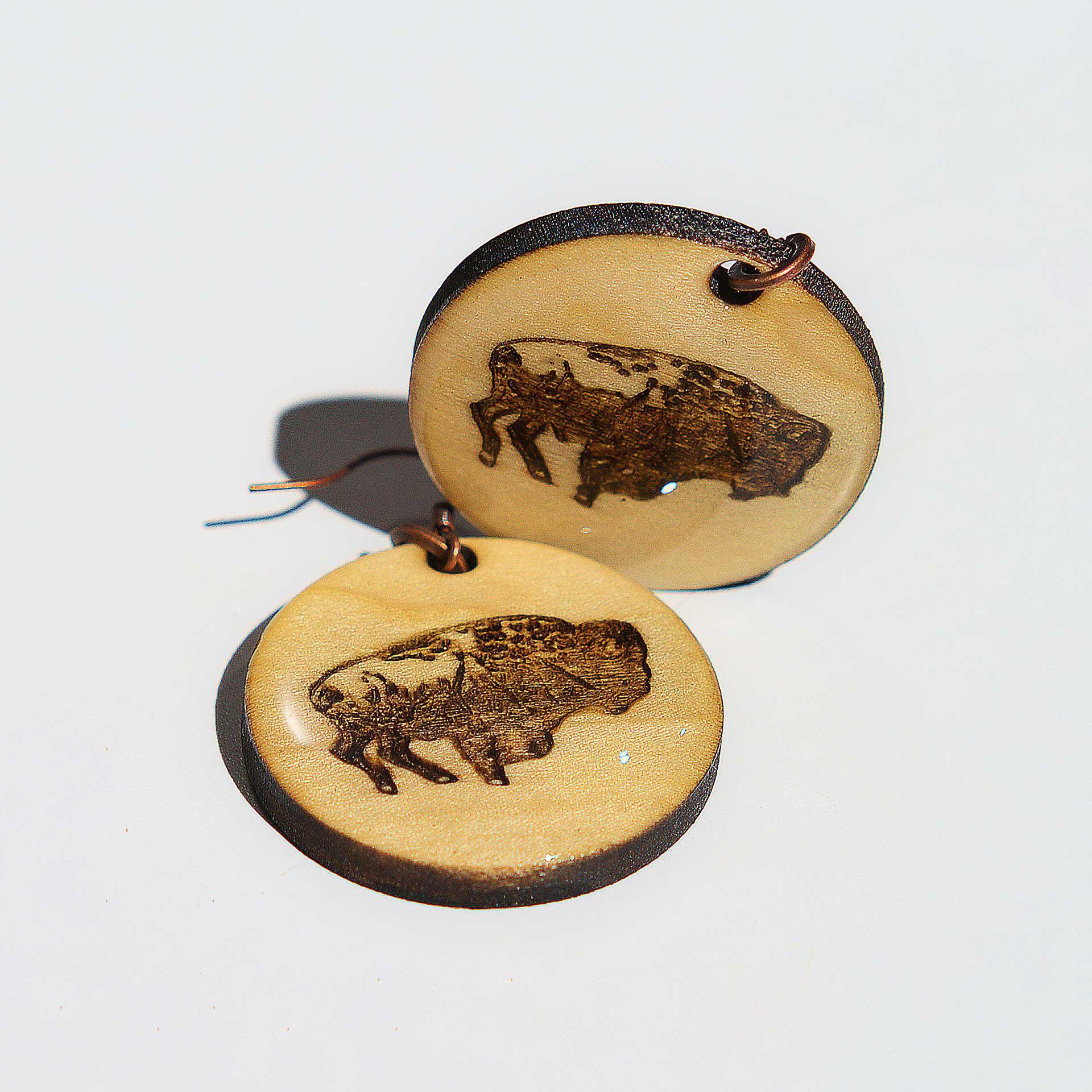 Artist Large Circular Engraved Wood & Resin Earrings