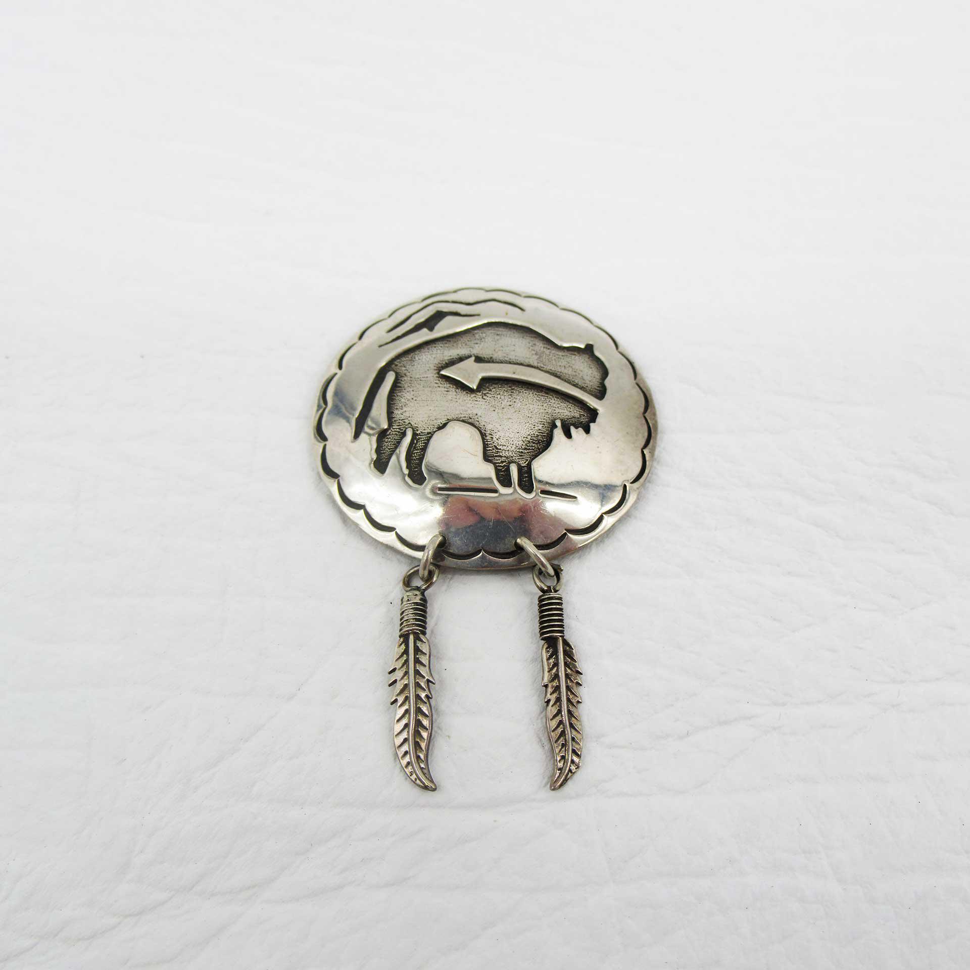 Heartline Buffalo Round Sterling Silver Broach w/2 Feathers by CC