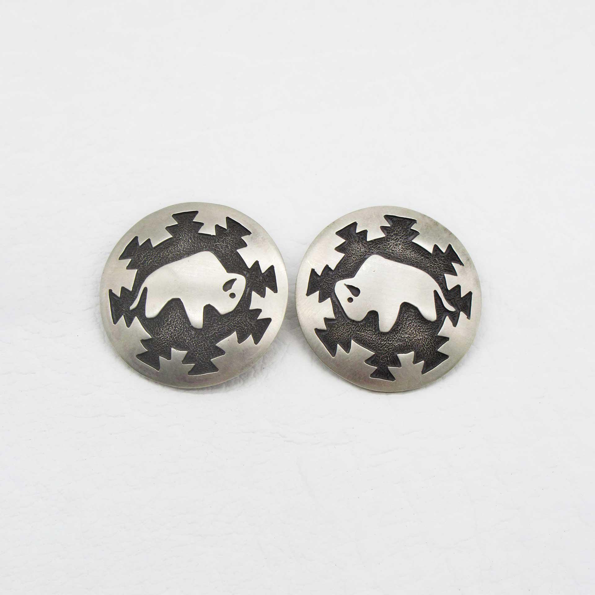 Custom Made Round Tribal Buffalo Sterling Silver Post Earrings by Monty Claw