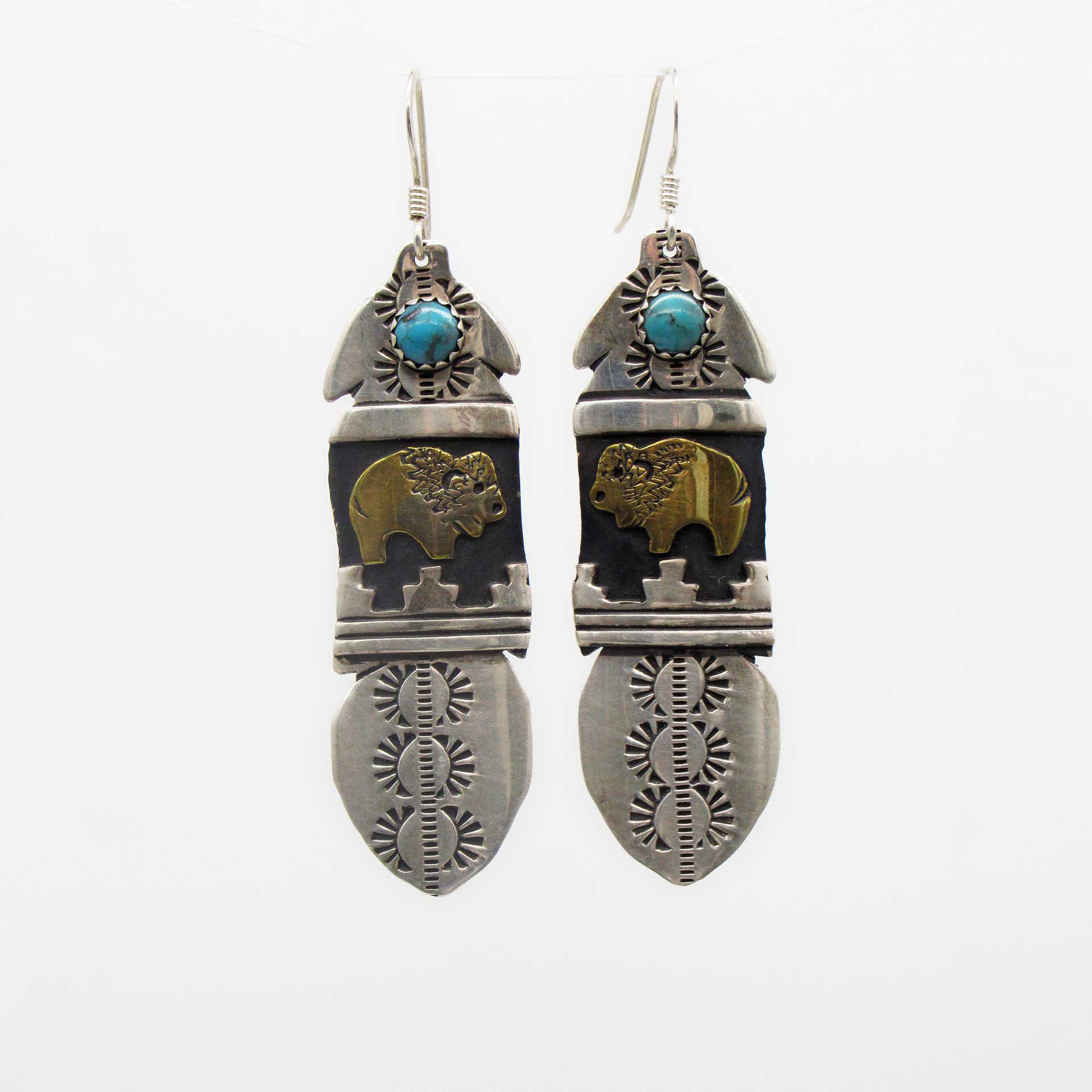 Brass Buffalo on Native Sterling Silver Feather Earrings w/Small Turquoise Stones by T&R Singer