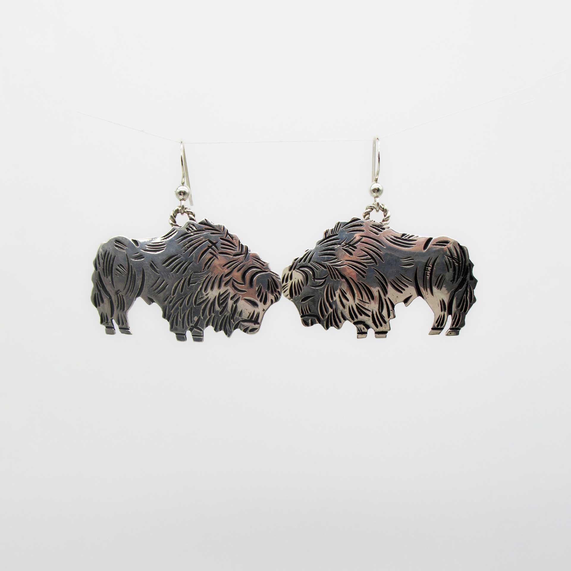 Sterling Silver Etched Buffalo Earrings by Richard Singer