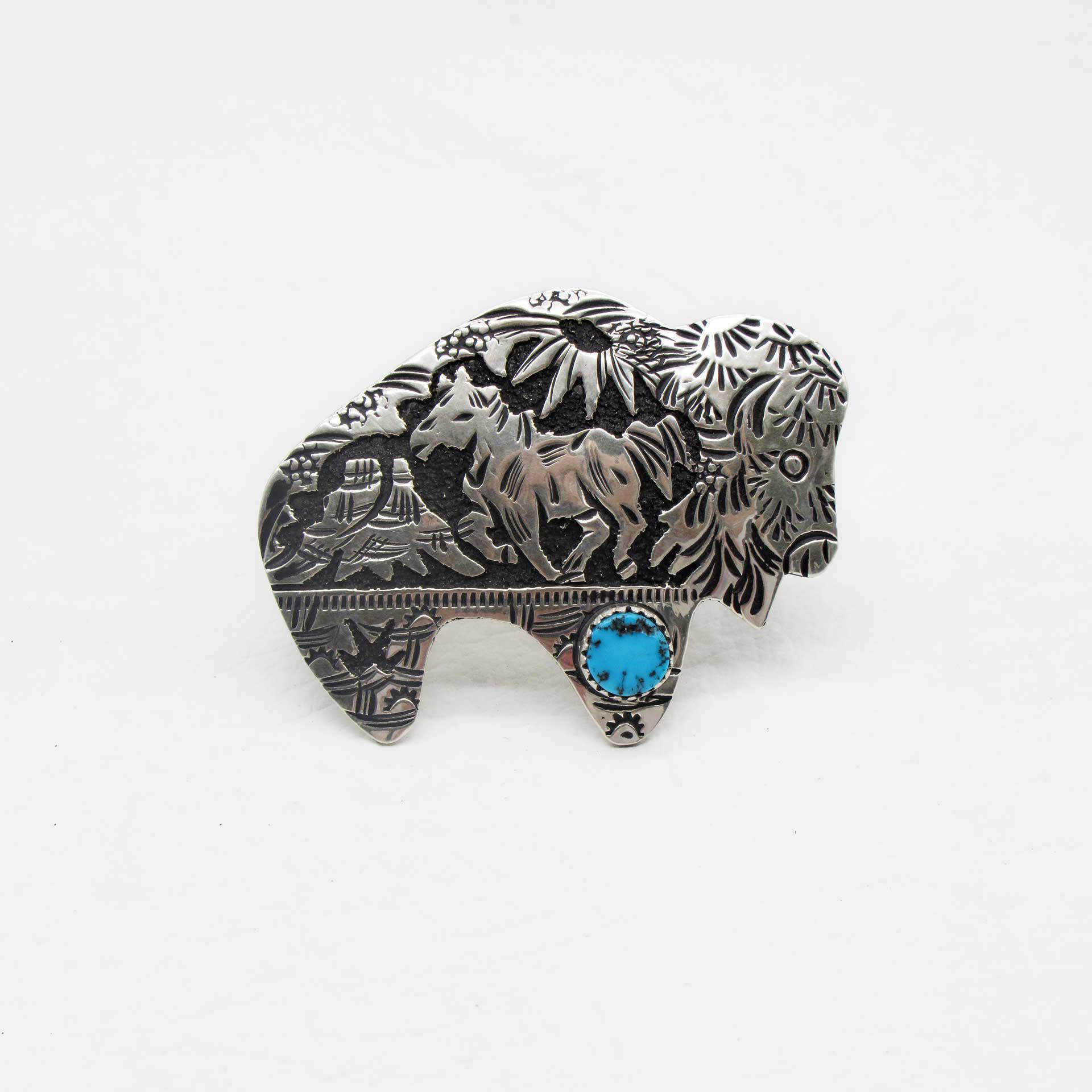 Native Design Sterling Silver Buffalo w/Round Turquoise Stone Adjustable Ring by Richard Singer