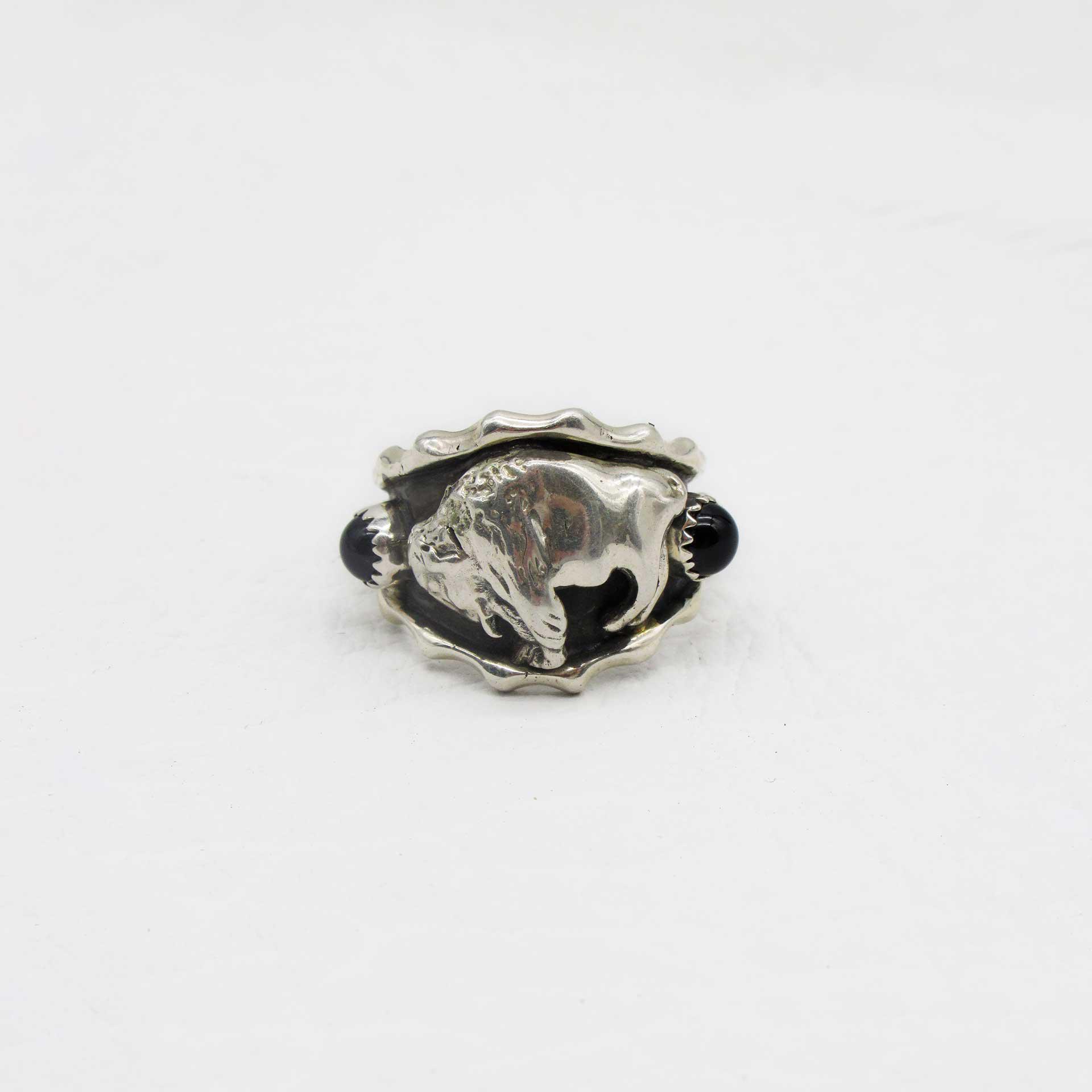 Men's Sterling Silver Buffalo Ring with 2 Small Round Black Stones by ...
